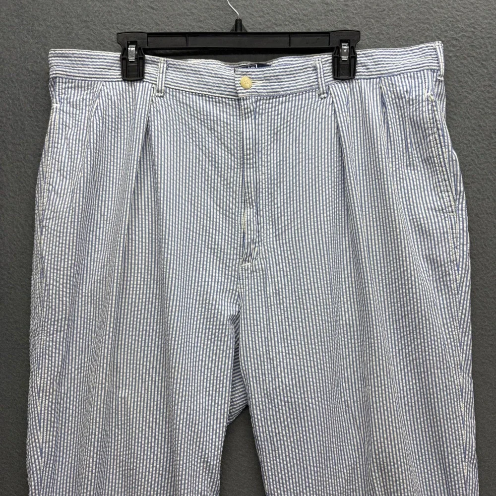 Polo Ralph Lauren Mens Blue White Striped Seersucker Pleated Pants 38x30 USA